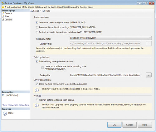 Дополнительные параметры для восстановления