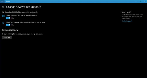 Страница параметров очистки диска