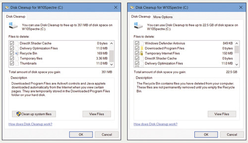 Два результата очистки диска утилиты «Очистка диска» после запуска функции Storage Sense