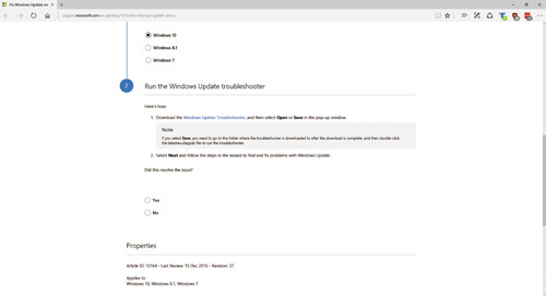 Страница исправления ошибок центра обновления для Windows 10