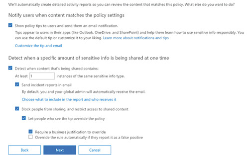 Ввод параметров для новой политики