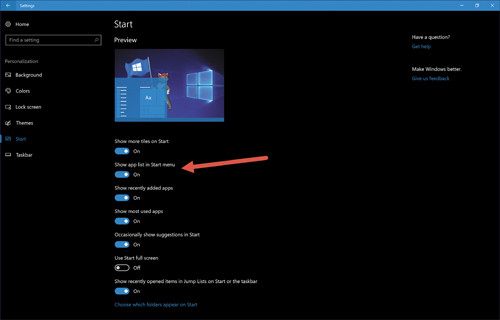 Изменение переключателя для меню «Пуск» в Windows 10 Creators Update