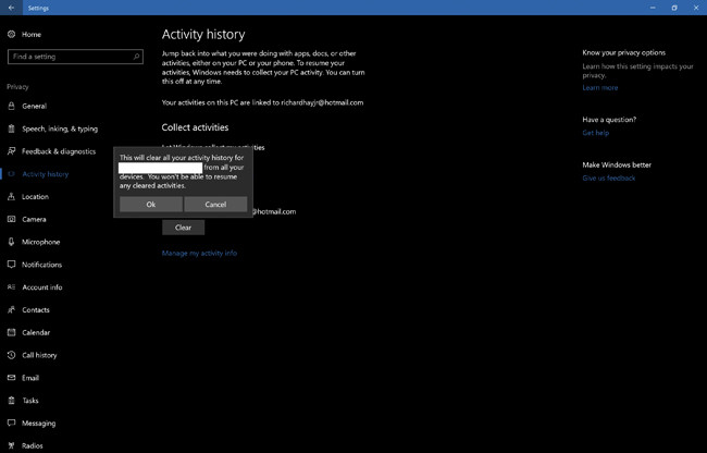 Удаление всего журнала активности из подключенной учетной записи Microsoft