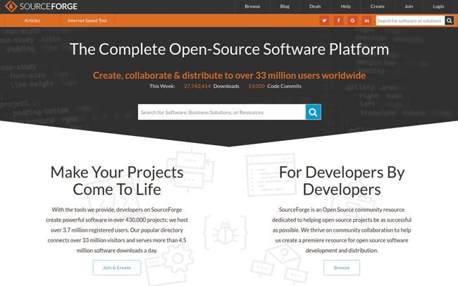 Переработанная домашняя страница веб-сайта с репозиторием SourceForge