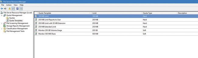 Существует несколько встроенных шаблонов квот