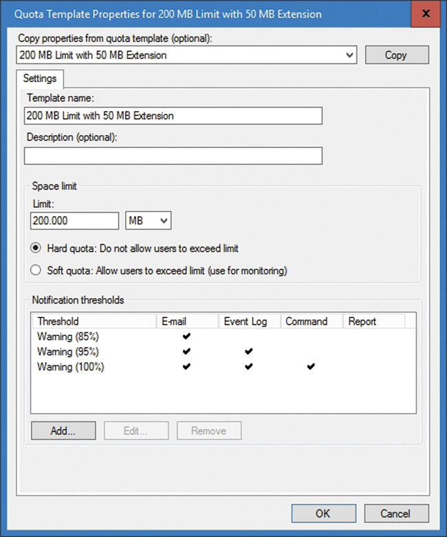 Вид шаблона квоты