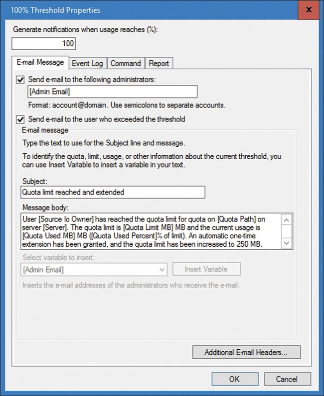 Настройка электронного сообщения, отправляемого при достижении предела квоты