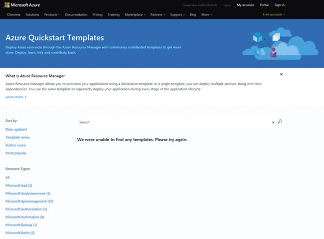 Страница шаблонов Azure QuickStart