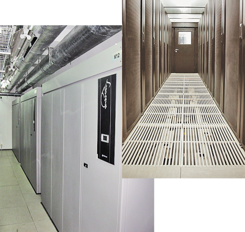 Размещенные по периметру серверных залов блоки кондиционеров содержат теплообменники: идущая по ним вода охлаждает воздух, который направляется под фальшпол. Через перфорированные плитки холодный воздух подается в холодный коридор, который может быть дополнительно изолирован. Среднее потребление стойки — 7 кВт. Есть стойки по 2–3 кВт, есть — до 10 кВт. При большей мощности оборудования в стойке применяется специальное решение с локальным охлаждением.