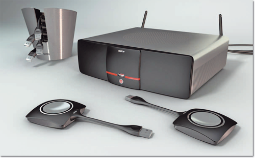 Рисунок 3. Система Barco ClickShare состоит из серверной части и приемопередатчиков, подключаемых к USB-порту ноутбука для беспроводной трансляции презентации на средства отображения — проекторы или дисплеи.