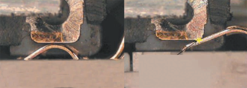 Рис. 1. При «размыкании под нагрузкой» возникает электрическая микродуга. В окружающей среде создается электрический пробой газов, что ведет к коррозии и появлению выщербин на поверхности контакта в месте появления дуги