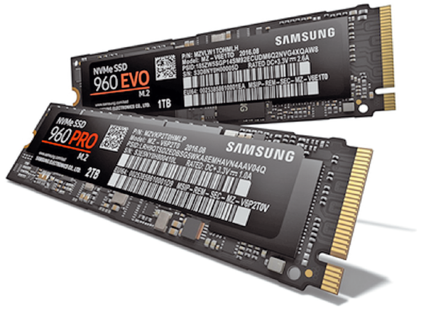 Рис. 8. NVMe-накопители Samsung 960 Pro имеют емкость до 2 Тбайт и стоят примерно вдвое дороже аналогичных моделей SATA. Компания Samsung первой выпустила накопители M.2 NVMe, и сегодня они наиболее популярны. У модели 960 Pro скорость чтения-записи достигает 3500/2100 Мбайт/с, 440k/360k IOPS. В 960 Pro применяются новый контроллер Polaris с пятью ядрами ARM и новейшая 48-слойная флеш-память Samsung V-NAND (она же 3D NAND)