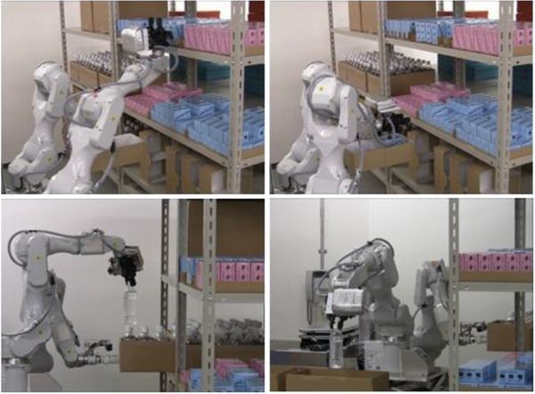 Робот на складе Hitachi грузит товары двумя руками