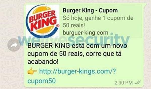 Eset: «купоны Burger King» в WhatsApp распространяют мошенники