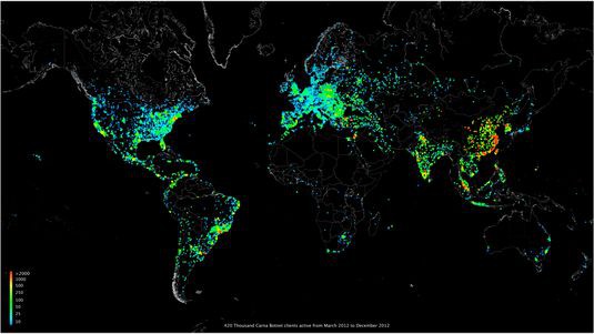 Карта распространения исследовательского ботнета