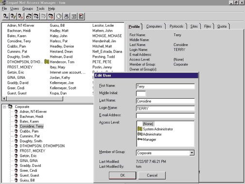 Sequel Net Access Manager (SNAM) позволяет контролировать доступ к сервисам Internet на уровне как отдельного пользователя, так и группы.