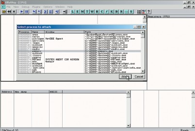 Рис. 1. С помощью запущенного Olly Debugger подключаемся к процессу espsrv