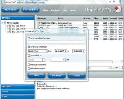 Настраиваем фильтр поиска в Undelete-Plus