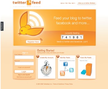 Блоггеры обычно выкладывают в свой Twitter-аккаунт ссылку на каждый новый пост. Делать это вручную иногда несколько утомительно. Решить проблему поможет Twitterfeed (twitterfeed.com), позволяющий сформировать отдельный RSS-поток для каждого блога, и анонсы новых сообщений будут автоматически публиковаться в выбранном Twitter-аккаунте