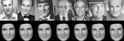 Рис. 1. Автоматическое предсказание процесса старения киноактера Чарльза Джонсона. Сверху реальные фотографии, снизу – изображения, созданные автоматически на основе фото из левого верхнего угла