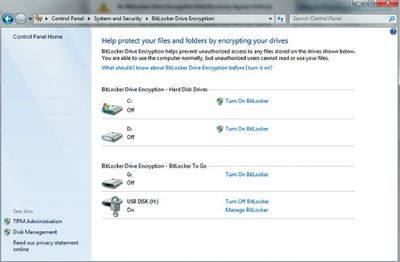 Экран 1. Оснастка панели управления BitLocker