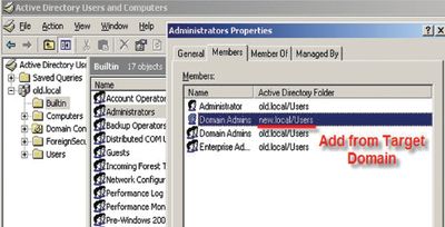 Экран 3. Добавление целевой учетной записи пользователя Domain Admins в старый (исходный) домен